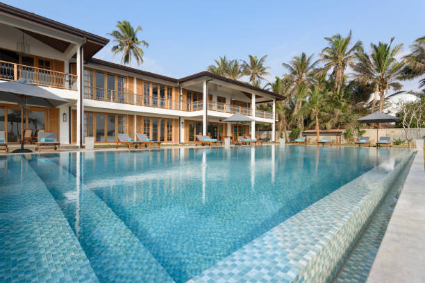 istock Hotel exterior with empty swimming pool, Sri Lanka 654350338