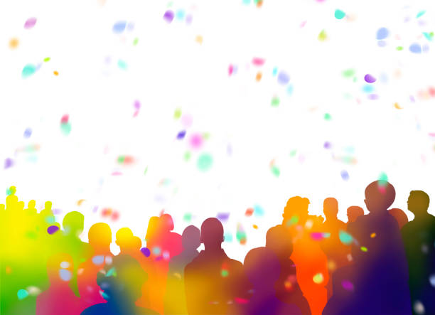 silhouettes of spectators and confetti on white stock photo