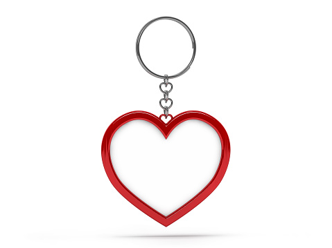 Illustration of a blank metal heart shape keychain with a ring for a key, Isolated on a transparent background. 3D rendering.