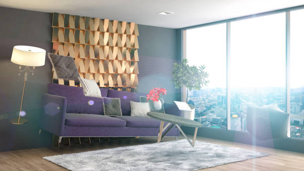 istock Zero Gravity furniture hovering in living room. 3D Illustration 654361054