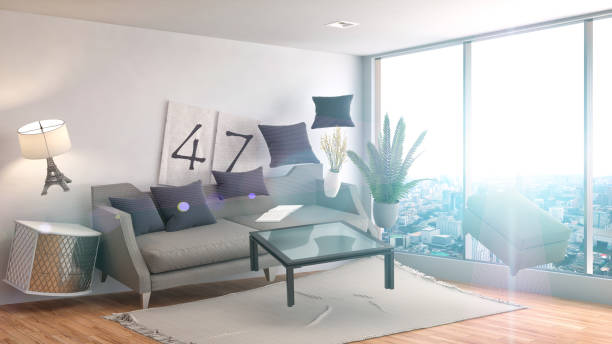 istock Zero Gravity furniture hovering in living room. 3D Illustration 654361060