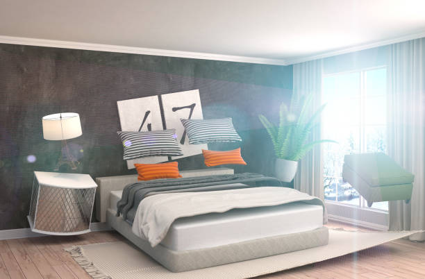 istock Zero Gravity furniture hovering in living room. 3D Illustration 654361198