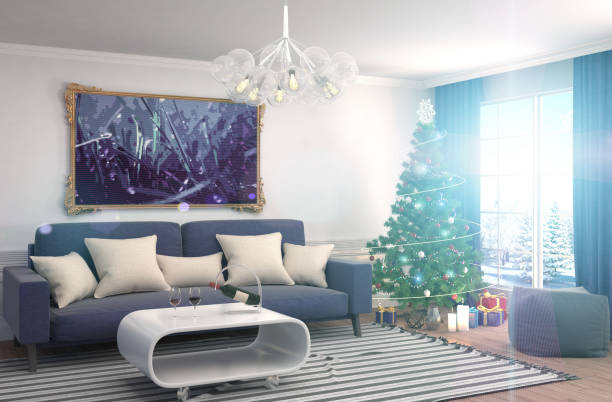 istock Christmas tree with decorations in the living room. 3d illustration 654364154
