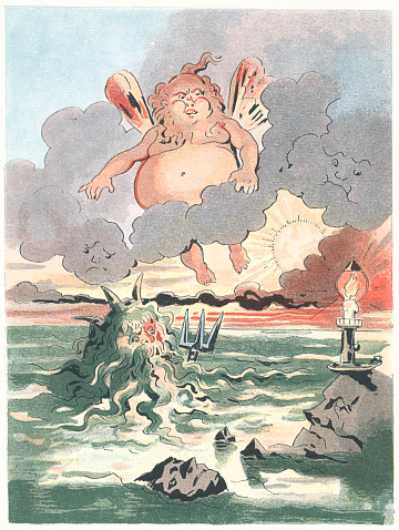 The Four Elements - air, fire, earth and water. ‘Air’ is portrayed by a flying being with butterfly-like wings and puffed-out cheeks, surrounded by surly-faced clouds; ‘fire’ is a large candle with flame standing on a rock with human features (‘earth’) and acting as a lighthouse; ‘water’ is depicted by Neptune arising from the waves, brandishing his trident. From “La Marine croquis humoristiques Marins et Navires Anciens et Modernes” by Sahib. Published in Paris by Jouvet et Cie, 1890.