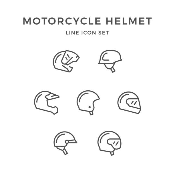 오토바이 헬멧의 라인 아이콘을 설정 - sports helmet stock illustrations