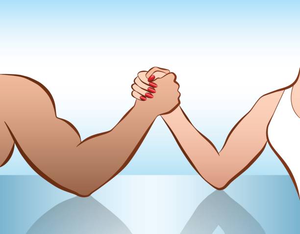남자와 여자는 남녀의 전투에 대 한 상징으로의 레슬링 팔 또는 성별 싸움. 벡터 일러스트 레이 션 흰색 배경에 고립. - conflict competition arm wrestling business stock illustrations