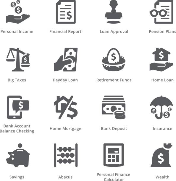 Personal & Business Finance Icons Set 1 - Sympa Series This set contains personal & business finance icons that can be used for designing and developing websites, as well as printed materials and presentations. banking document stock illustrations