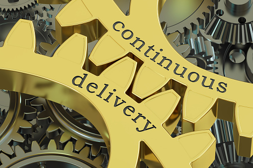 continuous delivery concept on the gears, 3D rendering