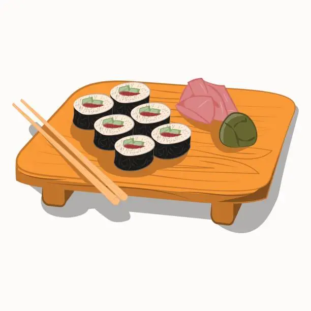 Vector illustration of Sushi on the wooden plate  with chopsticks and accessories, cartoon Icon