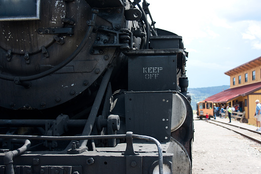 Detail of the front of a steam engine train in Colorado and New Mexico.