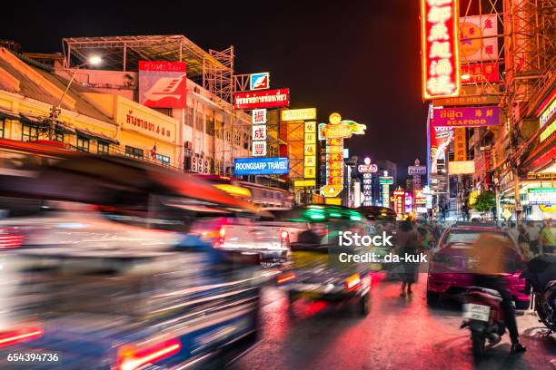 Bangkok Chinatown Traffic At Night Stock Photo - Download Image Now - Bangkok, Chinatown, Sign