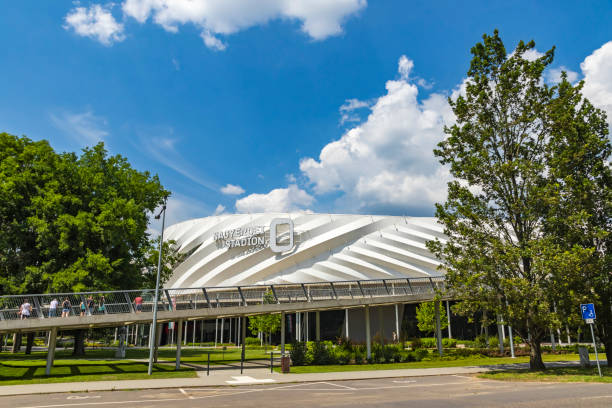 DEBRECEN, HUNGARY - JULY 1, 2016: Nagyerdei Stadion in Debrecen city, home stadium to Debreceni Vasutas Football Club. With capacity of 20340, Nagyerdei stadion has the 3rd largest capacity in Hungary