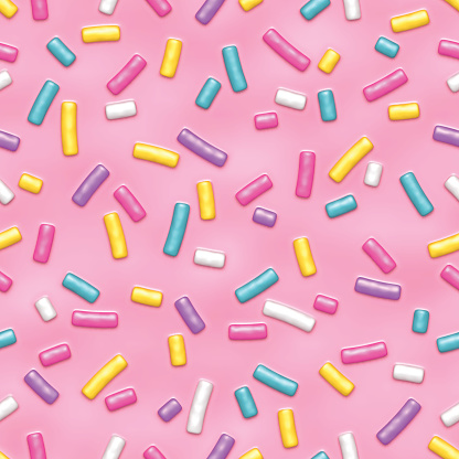 Seamless pattern of pink donut glaze with many colorful decorative sprinkles