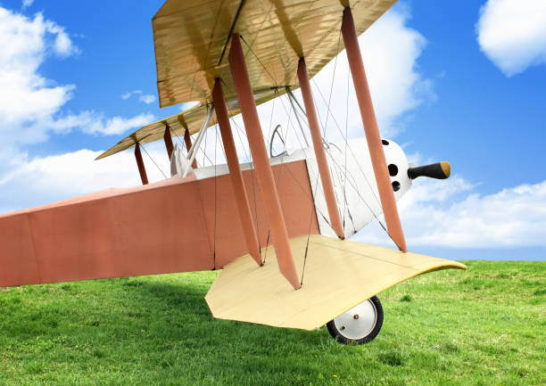 istock Old vintage airplane on green grass 654405040