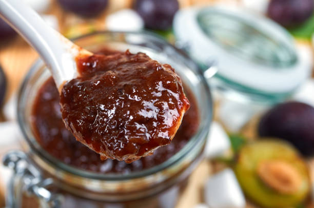 Plum jam in a jar. Homemade fruit jam