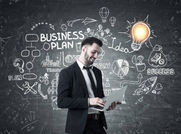 istock Man with laptop, business plan and light bulb 654411336