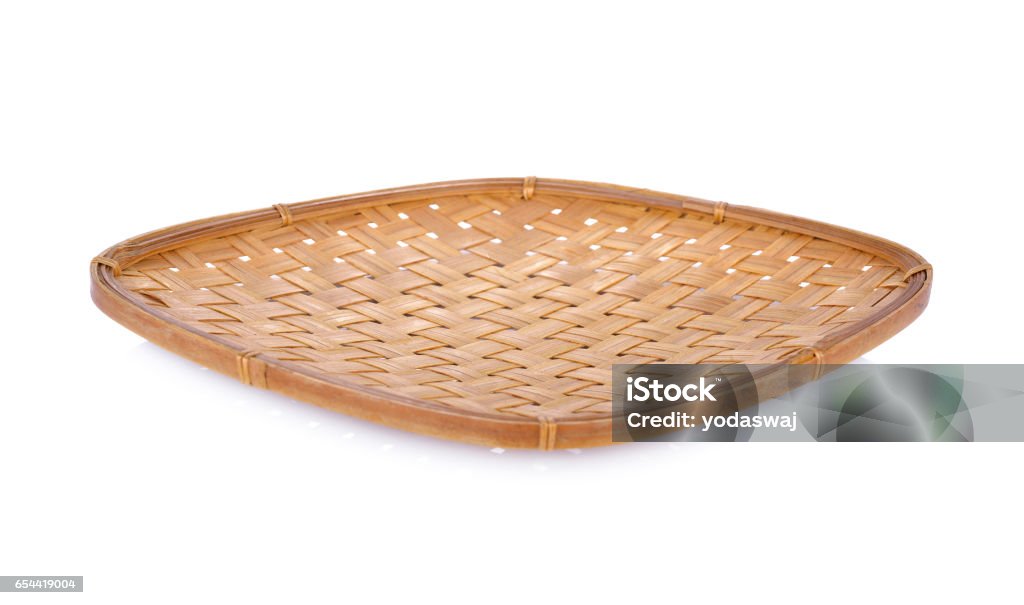 Empty Bamboo Flat Basket On White Background Stock Photo