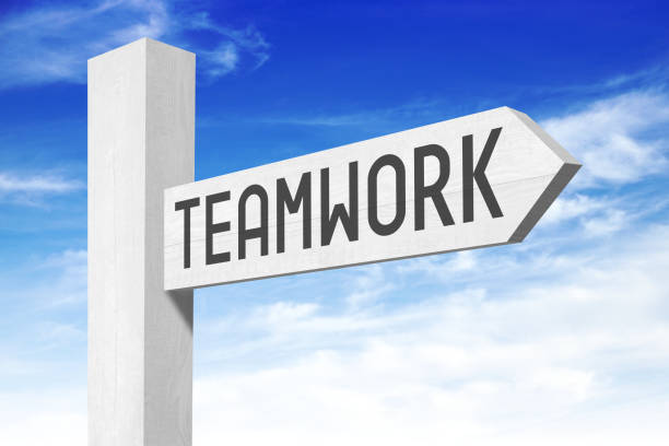 istock Teamwork - white wooden signpost with one arrow 654431346