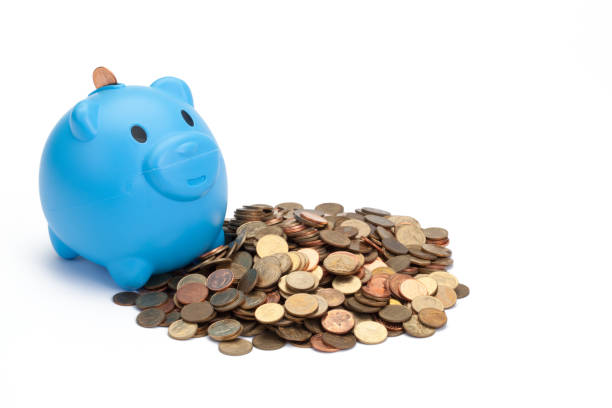 istock Blue piggy bank and coins isolated on white 654434812