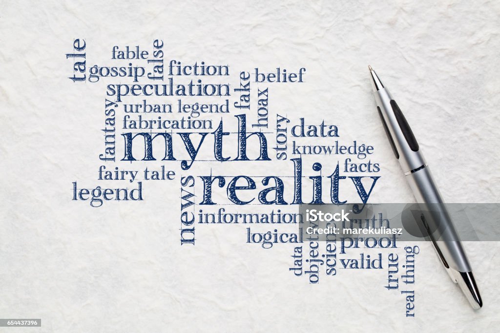 myth and reality word cloud myth versus reality word cloud - handwriting on a lokta paper with a pen Honesty Stock Photo