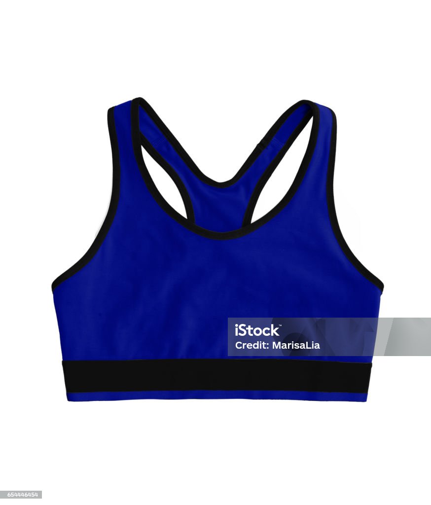 néon bleu foncé racerback sport soutien-gorge top, isolé sur fond blanc - Photo de Brassière de sport libre de droits