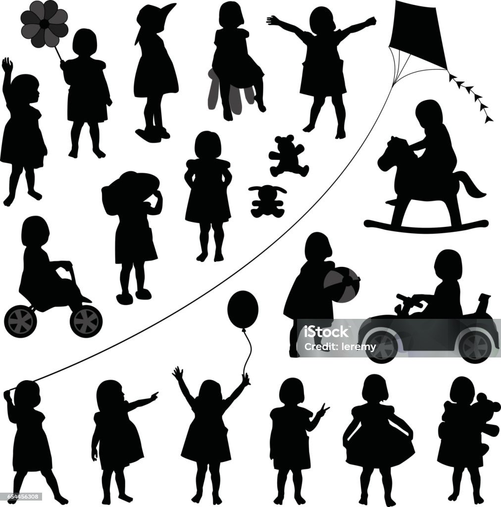 Toddler Child Girl in Silhouette Vector A set of children illustration playing happily designed in silhouette vector. In Silhouette stock vector