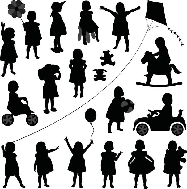 Toddler Child Girl in Silhouette Vector A set of children illustration playing happily designed in silhouette vector. balloon silhouettes stock illustrations