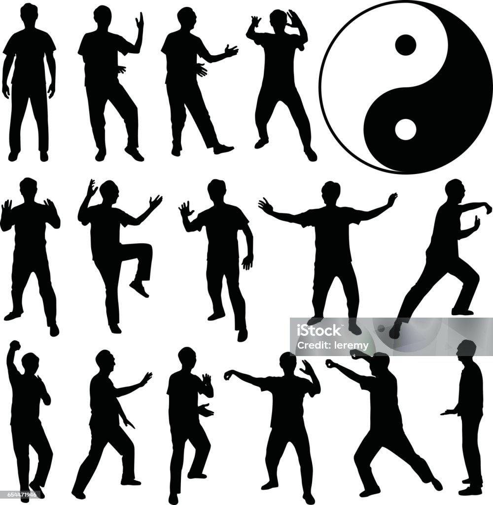 Martial Art Kung Fu Self Defense in Silhouette Vector A set of human silhouette doing exercise. Tai Chi stock vector