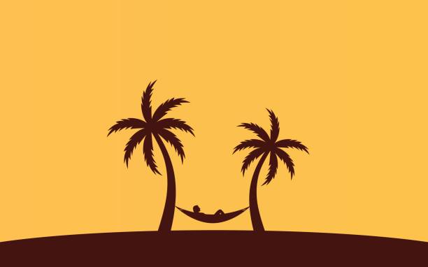 Silhouette palm tree and woman sleeping in hammock Silhouette palm tree with hammock in flat icon design on yellow color background (vector) hammock stock illustrations
