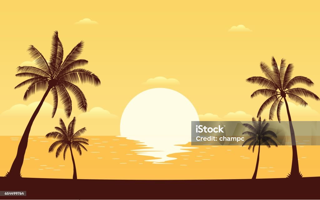 Silhouette palm tree on beach with sunset sky Silhouette palm tree on beach under sunset sky background (vector) Beach stock vector