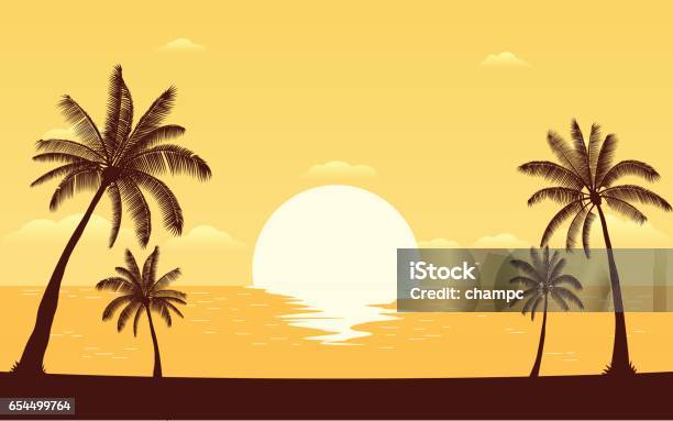 Silhouette Palm Tree On Beach With Sunset Sky Stock Illustration - Download Image Now - Beach, Sunset, Palm Tree