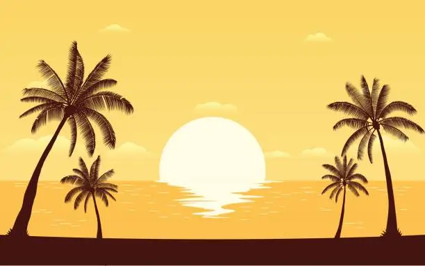 Vector illustration of Silhouette palm tree on beach with sunset sky