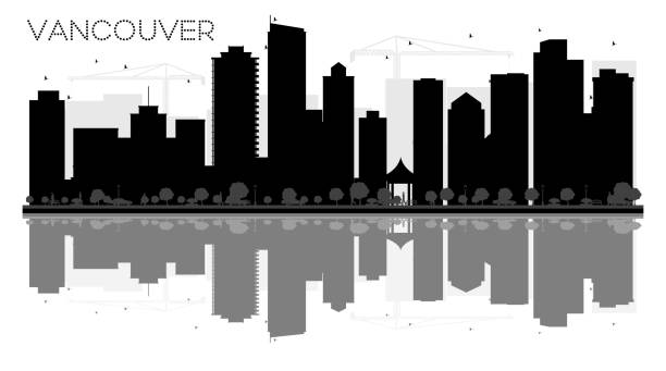 Vancouver City skyline black and white silhouette with reflections. Vancouver City skyline black and white silhouette with reflections. Vector illustration. Simple flat concept for tourism presentation, banner, placard or web. Cityscape with famous landmarks. vancouver financial district stock illustrations