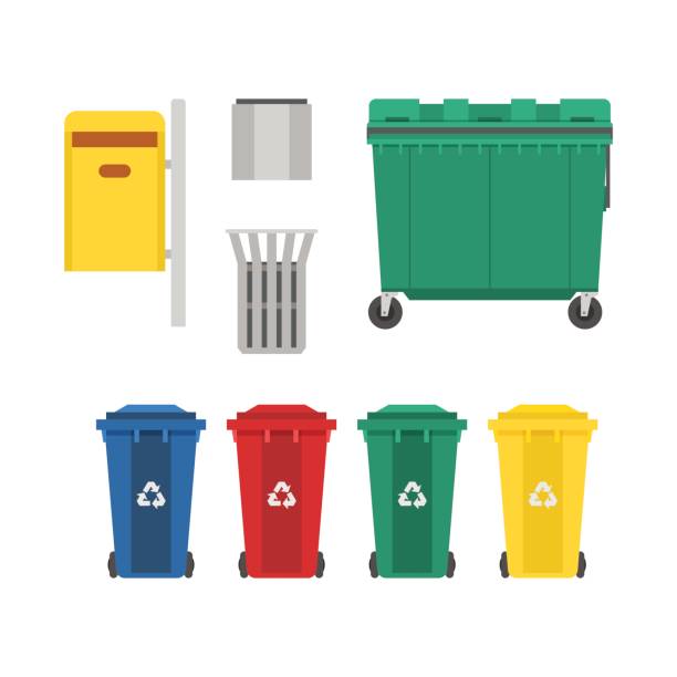 Garbage Bins and Trash Cans Set Recycling and garbage cans collection. City trashcan set with wheeled dumpster or trash container, recycle bins and waste basket. recycling bin stock illustrations