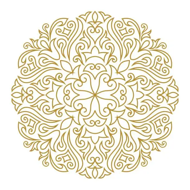 Vector illustration of Line art ornament for design template. Vintage element in Eastern style. Mandala. Outline traditional circle pattern for wedding invitations, greeting cards, certificate. Vector golden decor.