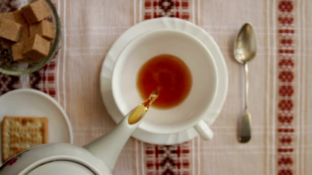 pour tea into a cup overhead shot