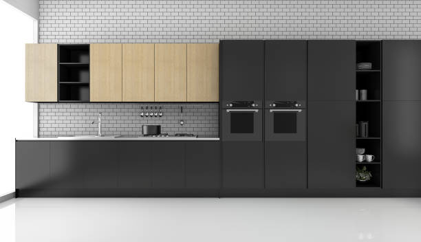3d rendering black modern loft kitchen with brick wall stock photo