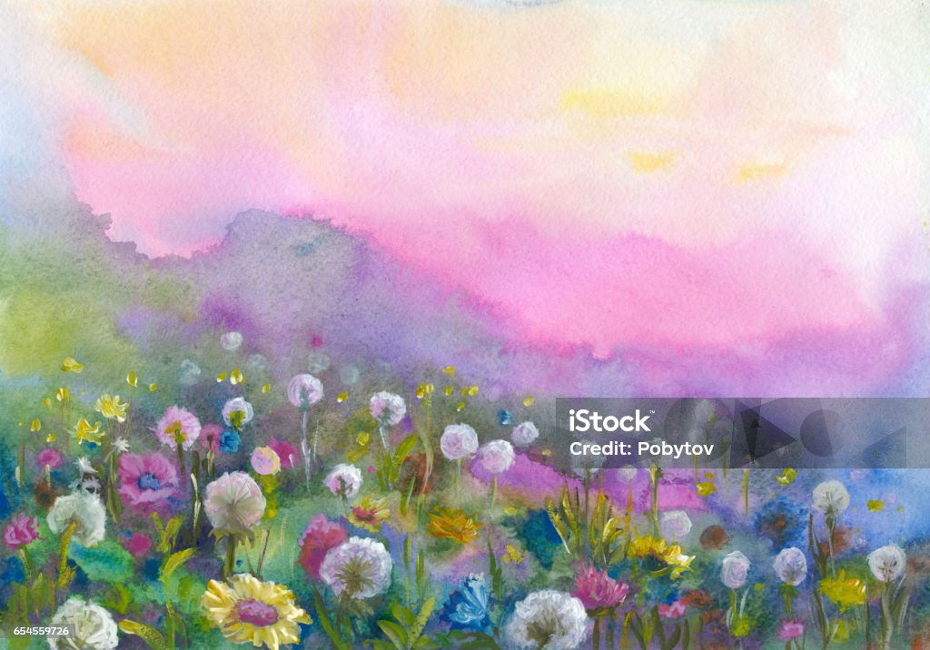 Watercolor blooming valley Watercolor Painting stock illustration