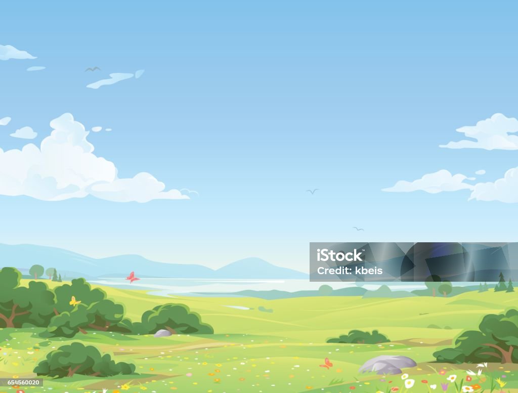 Beautiful Summer Landscape Illustration of a beautiful idyllic landscape with flowers, hills, bushes, trees, a lake and mountains in the far distance, and a blue, cloudy sky with space for text. Sky stock vector