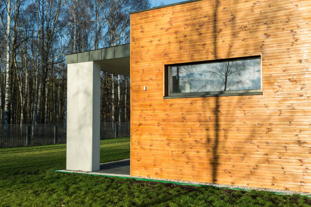 istock Modern house with wooden walls 654566678