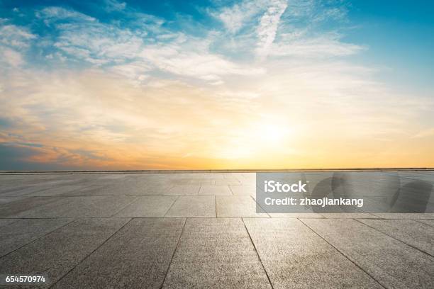 Square Floor And Sky At Sunset Stock Photo - Download Image Now - Sky, Backgrounds, Sunset