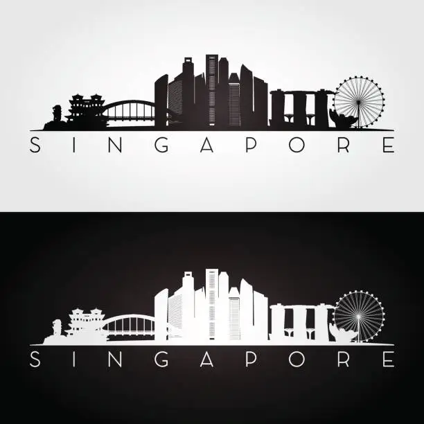 Vector illustration of Singapore skyline and landmarks silhouette, black and white design, vector illustration.