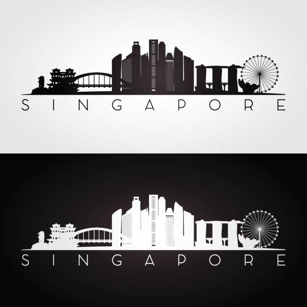 新加坡天際線和地標剪影, 黑色和白色的設計, 向量插圖。 - singapore 幅插畫檔、美工圖案、卡通及圖標