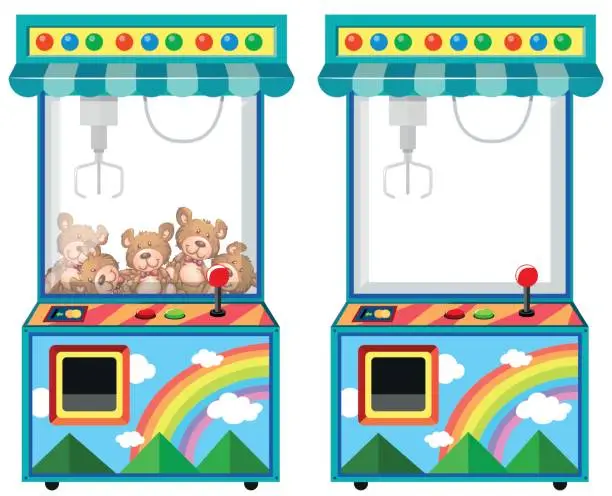 Vector illustration of Arcade game machine with dolls