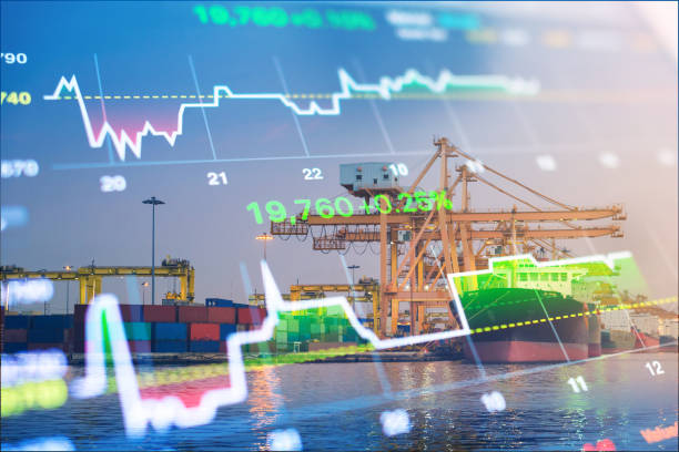 istock Crane cargo market and finance economic background 654575110