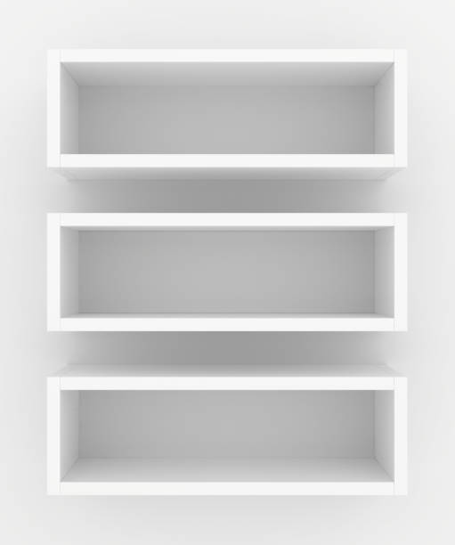 white blank showcase displays shelves front view. 3d rendering - shelf bookshelf empty box imagens e fotografias de stock