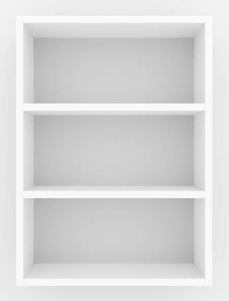 white blank showcase shelves front view. 3d rendering - shelf bookshelf empty box imagens e fotografias de stock