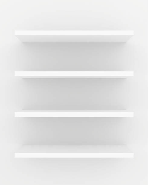 white blank showcase displays shelf front view. 3d rendering - shelf bookshelf empty box imagens e fotografias de stock
