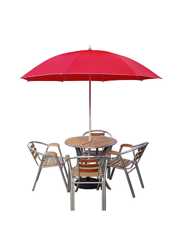 Caffe silla de mesa parasol, aislado sobre fondo blanco photo