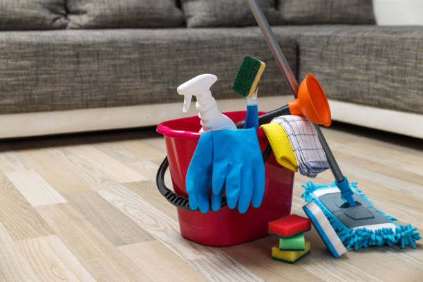 istock Cleaning service. Sponges, chemicals and mop. 654617342
